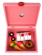 Load image into Gallery viewer, Deluxe Wooden Dessert Play Food Set- Interior View